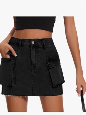 Womens Denim Cargo Low Waist Y2k Mini Jean Skirt with Flap Pockets Size L NWT